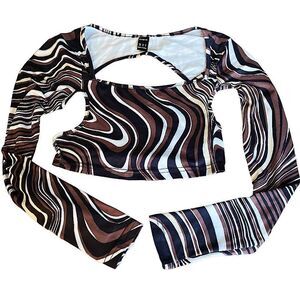 Cut out backless crop long sleeve top brown white black size x small